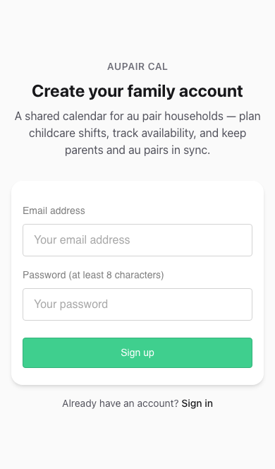 Create your family account form with email and password fields
