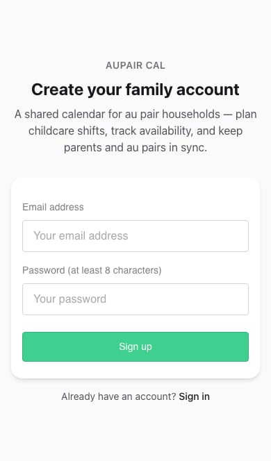 Create your family account form with email and password fields