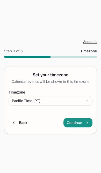Timezone step showing Pacific Time