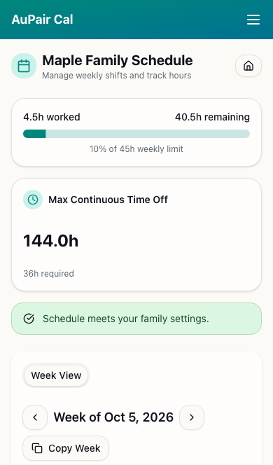 Weekly summary showing 4.5 hours worked, 40.5 remaining, and a 45-hour weekly limit