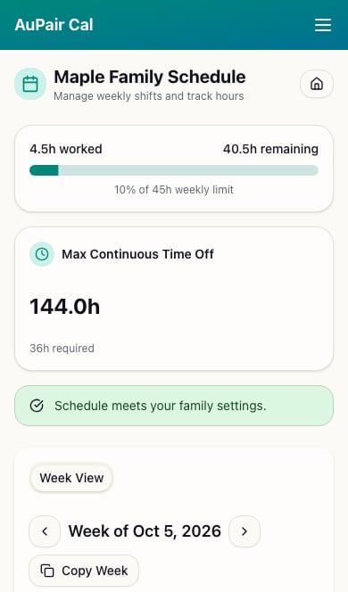 Weekly summary showing 4.5 hours worked, 40.5 remaining, and a 45-hour weekly limit