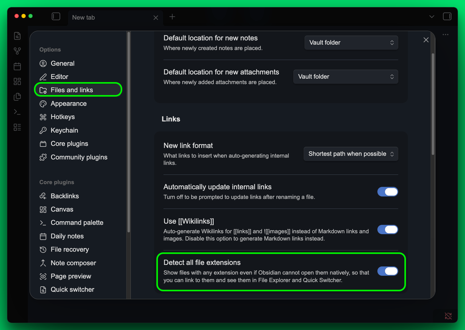 Files and links: Detect all file extensions toggled ON
