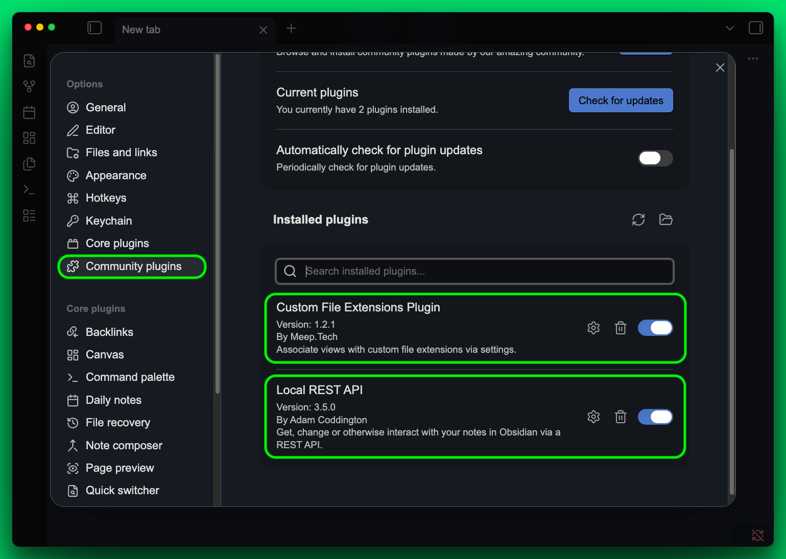 Community plugins: Custom File Extensions and Local REST API installed and enabled