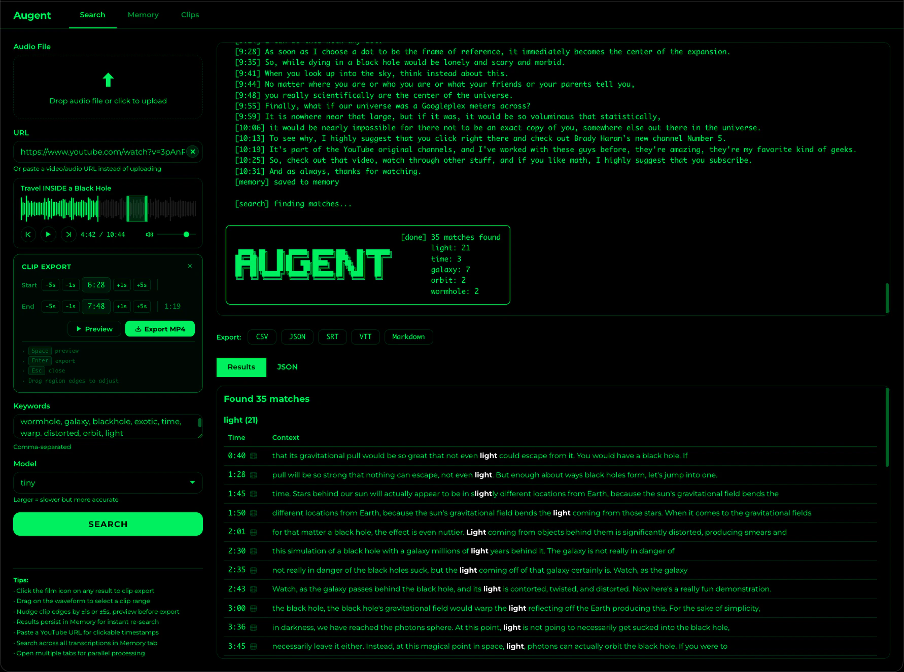 Clip export in the Web UI