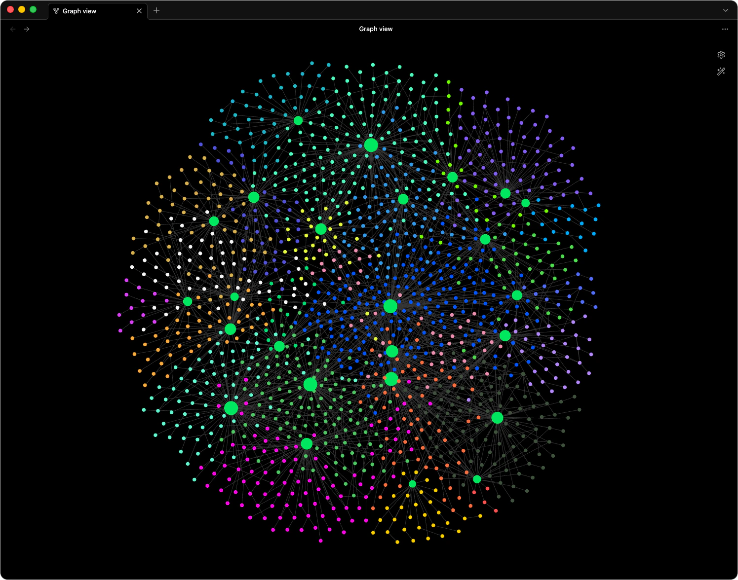 Augent knowledge graph in Obsidian — color-coded topic clusters