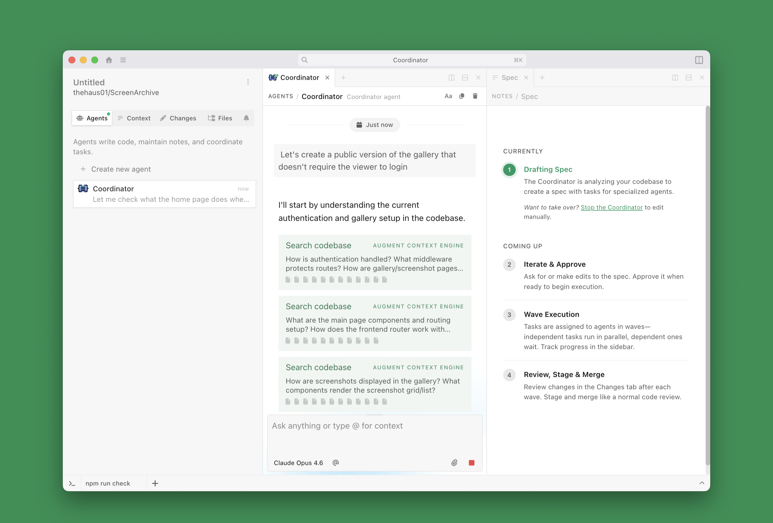 Intent Coordinator and Spec panels