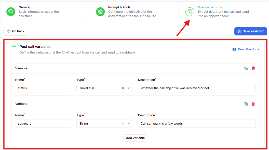 Post-call variables configuration
