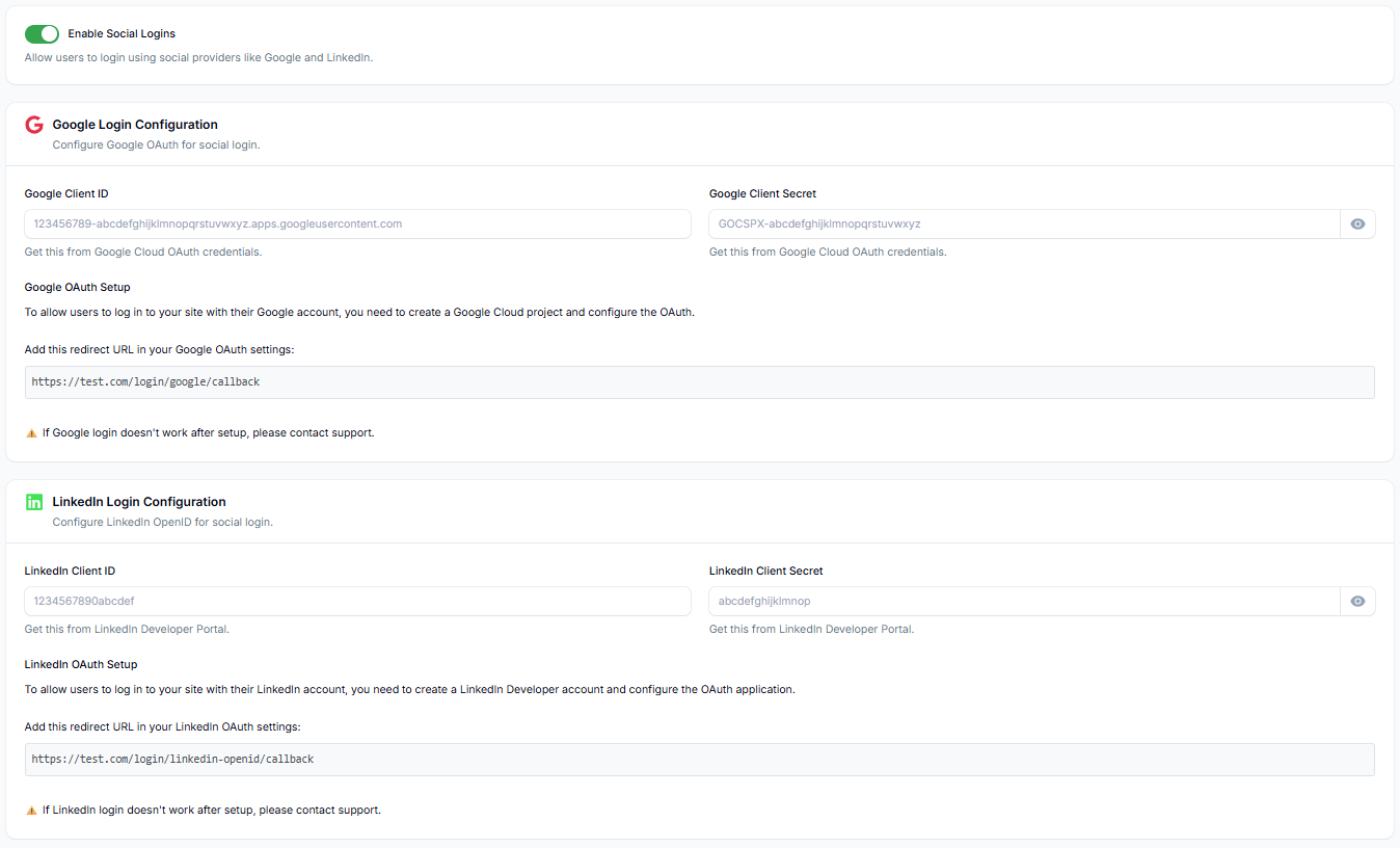 Social Login Settings