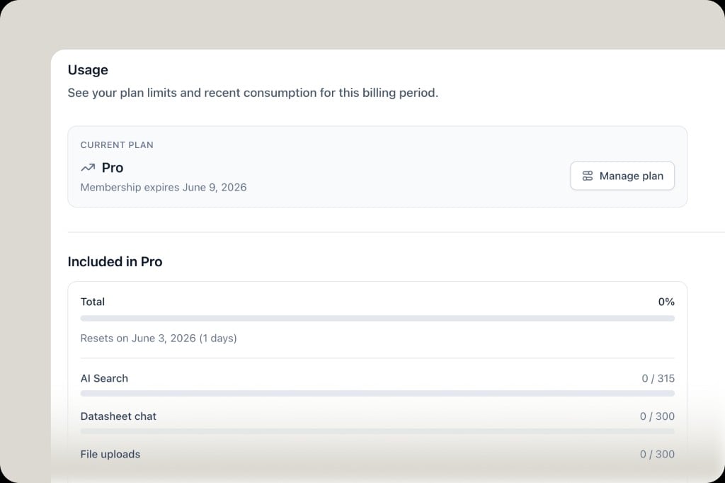 Settings Usage page showing plan limits for AI Search, Datasheet chat, file uploads, and more