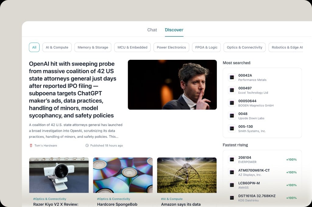 Discover tab with semiconductor news, category filters, most searched and fastest rising parts