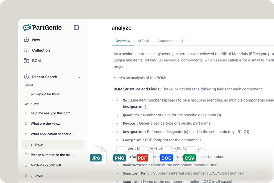 Upload a BOM as CSV or Excel and get AI field analysis