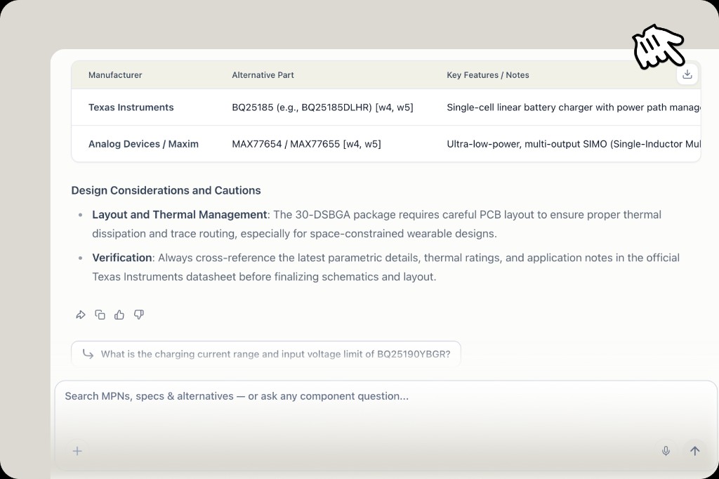 Search answer table with download icon in the top-right corner on hover for export