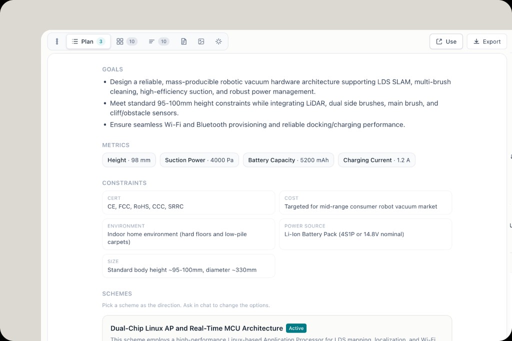 Plan review with goals, metrics, constraints, and an active architecture scheme