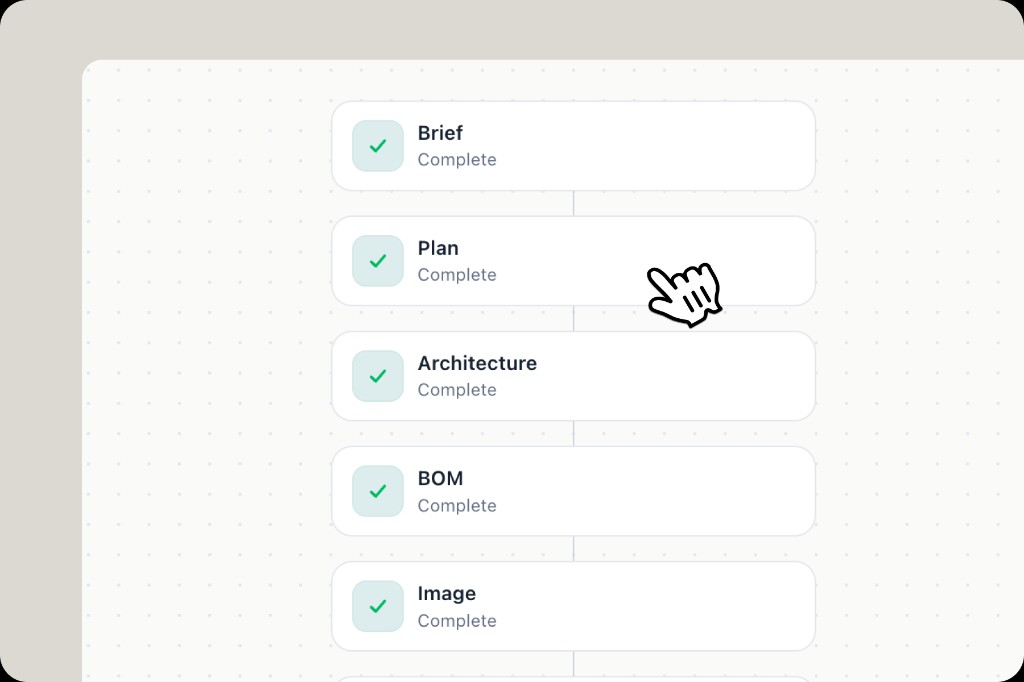 Design stages Brief, Plan, Architecture, BOM, and Image marked complete