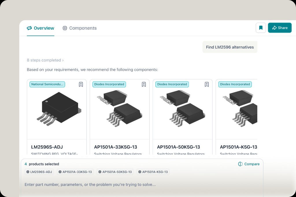 AI answer Overview tab with recommended components and completed steps