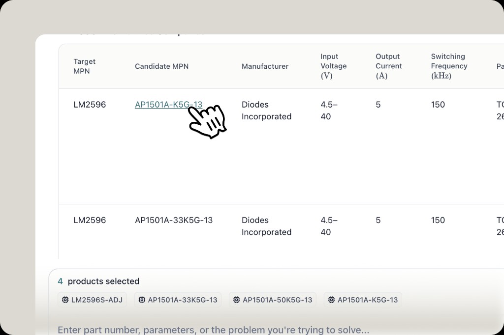 Click a candidate MPN in an AI answer comparison table to open component details