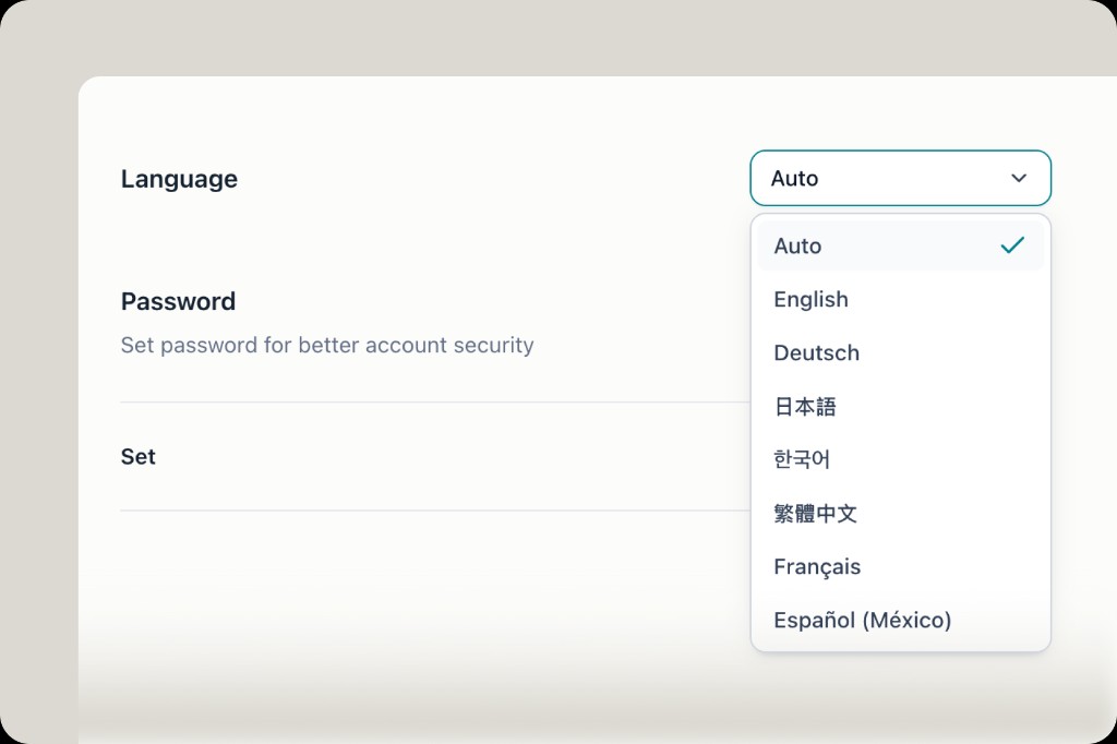 Language settings dropdown showing Auto, English, Deutsch, Japanese, Korean, Traditional Chinese, French and Spanish