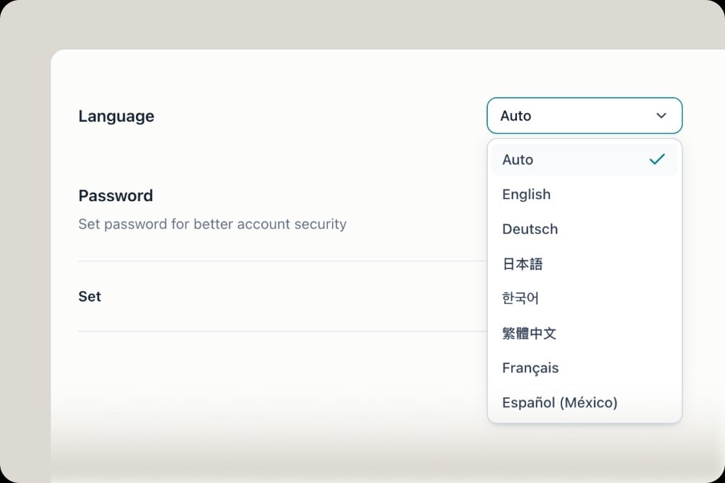 Language settings dropdown showing Auto, English, Deutsch, Japanese, Korean, Traditional Chinese, French and Spanish
