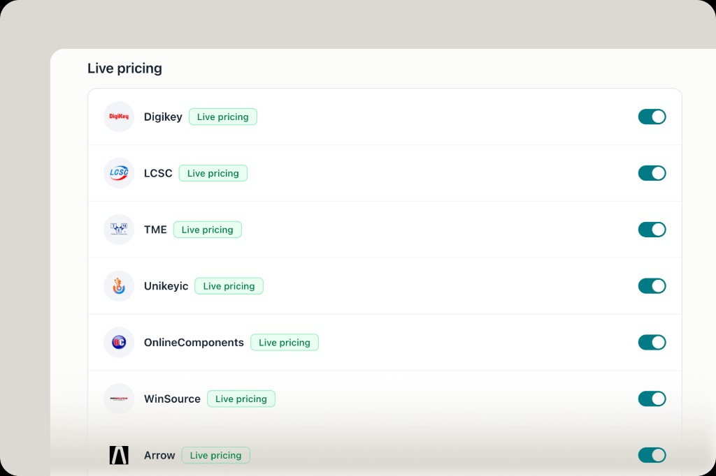 Distributor settings showing DigiKey, LCSC, TME, Unikeyic, OnlineComponents, WinSource and Arrow all with live pricing enabled