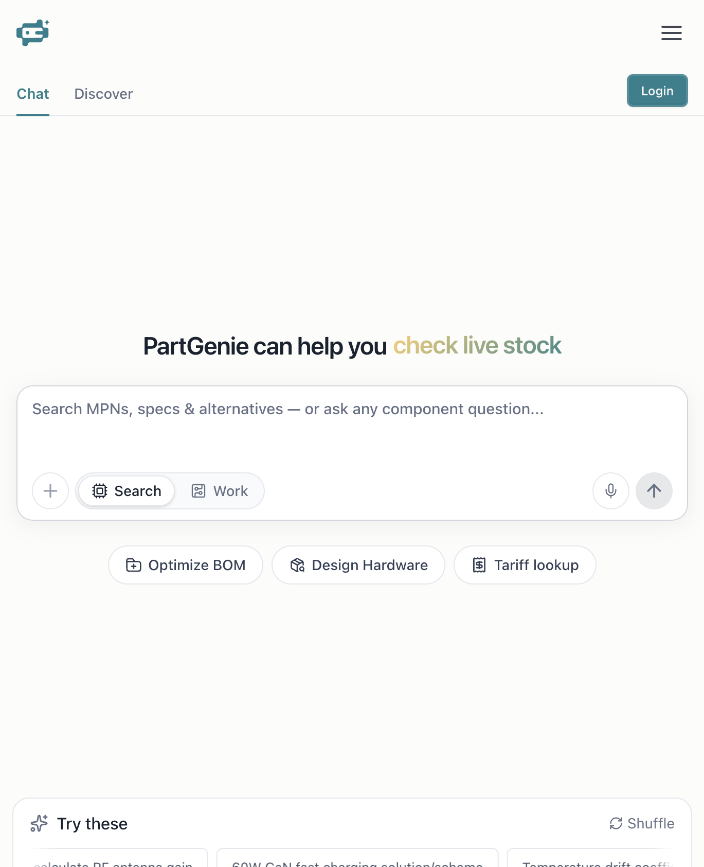 PartGenie homepage with Search, Work, Optimize BOM, Design, and Tariff lookup