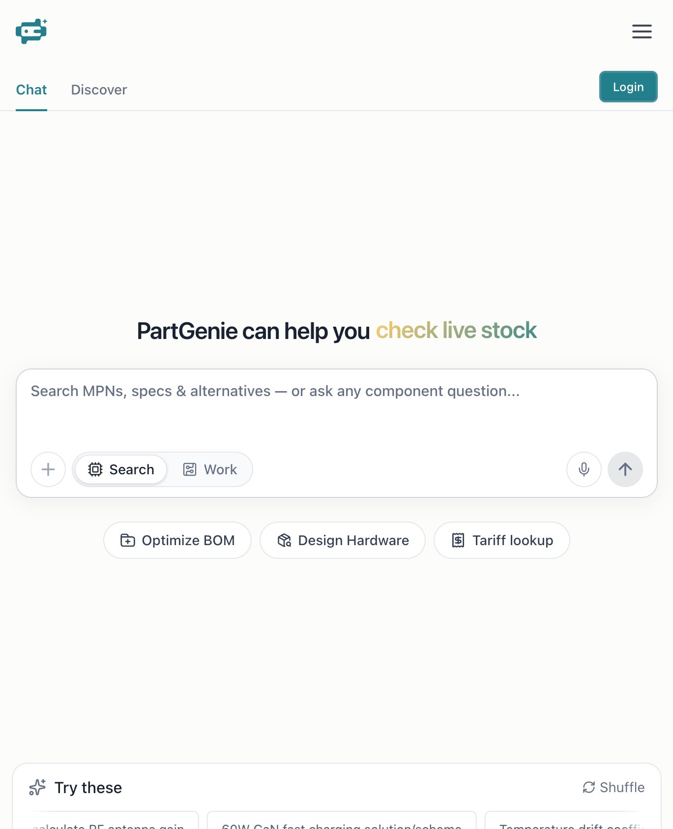 PartGenie homepage with Search, Work, Optimize BOM, Design, and Tariff lookup