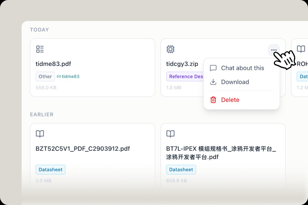 Knowledge file card with context menu: Chat about this, Download, Delete
