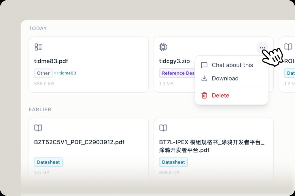Knowledge file card with context menu: Chat about this, Download, Delete