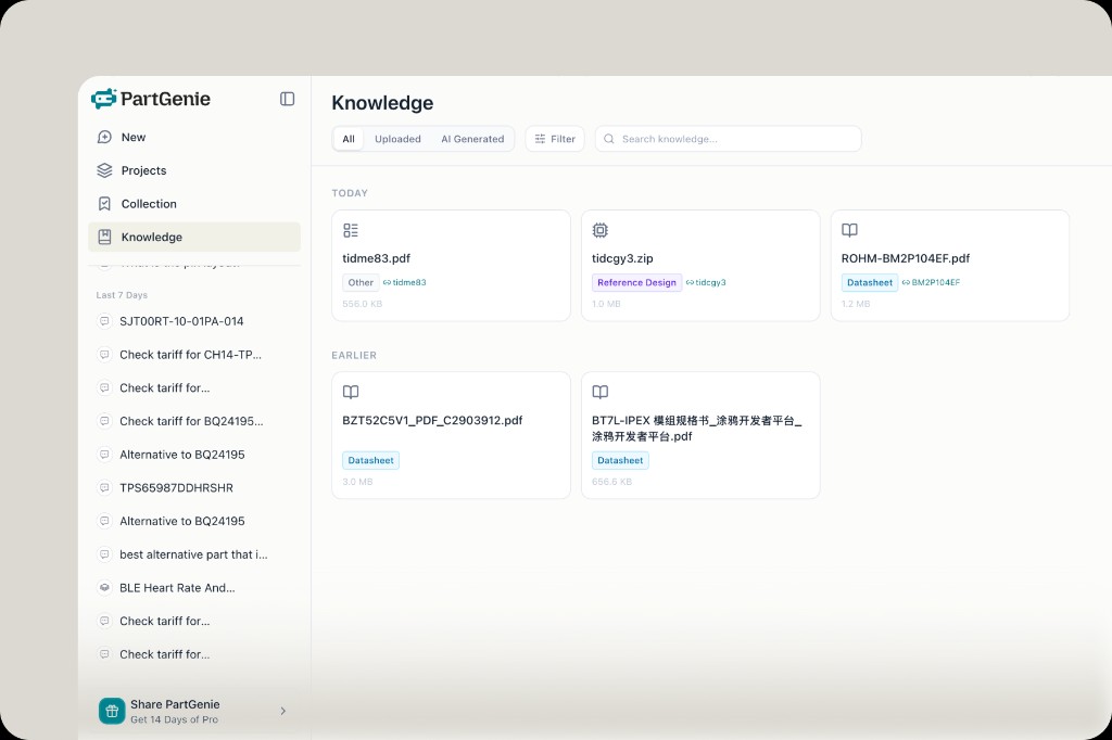 Knowledge library showing uploaded datasheets, reference designs and zip files organized by date with type tags
