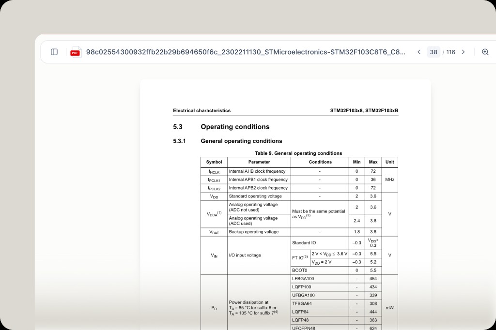Datasheet PDF opened at page 38 showing the Operating Conditions table referenced by the AI answer