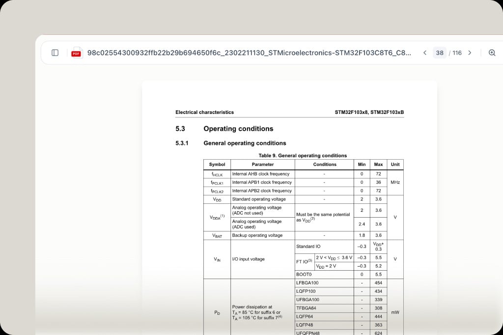 Datasheet PDF opened at page 38 showing the Operating Conditions table referenced by the AI answer