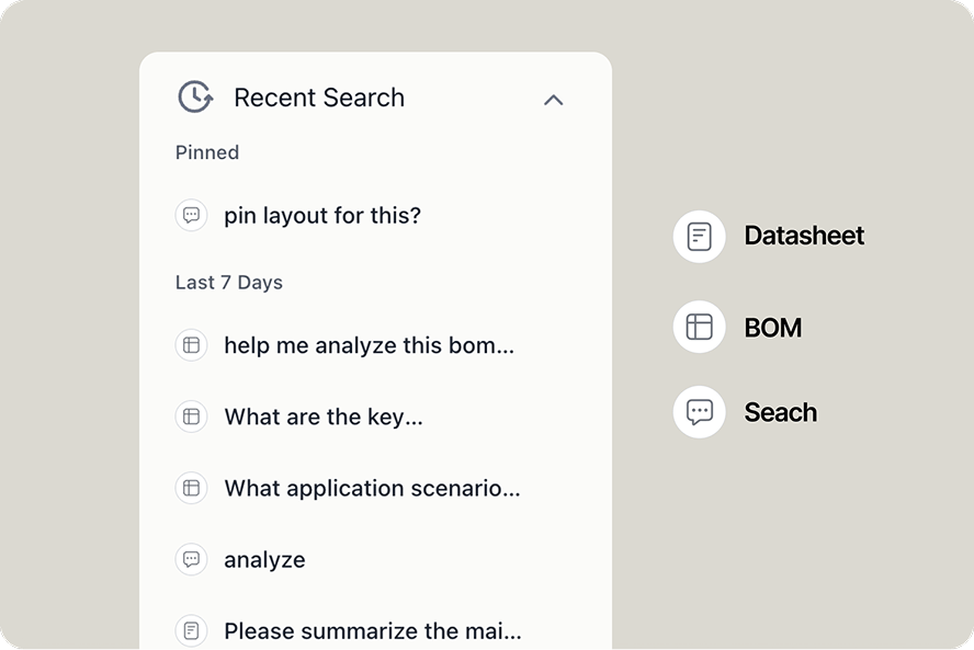 Recent Search sidebar with icons for Search, BOM, and Datasheet conversations
