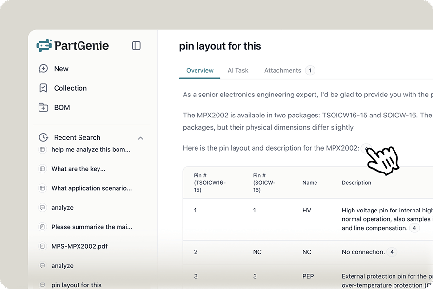 In-page citation badges in answers link to the uploaded datasheet