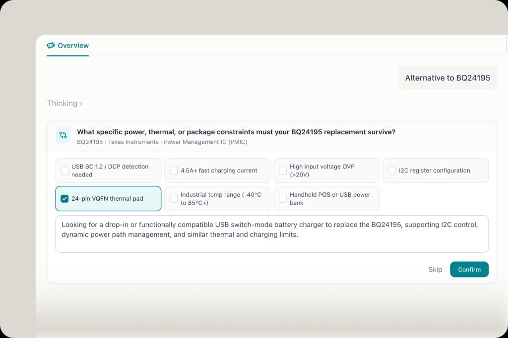 Clarification prompt asking for power, thermal, and package constraints when searching alternatives to BQ24195