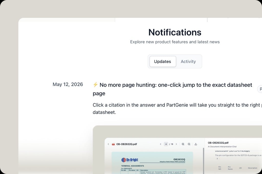 Notifications center with Updates and Activity tabs for product news and account activity