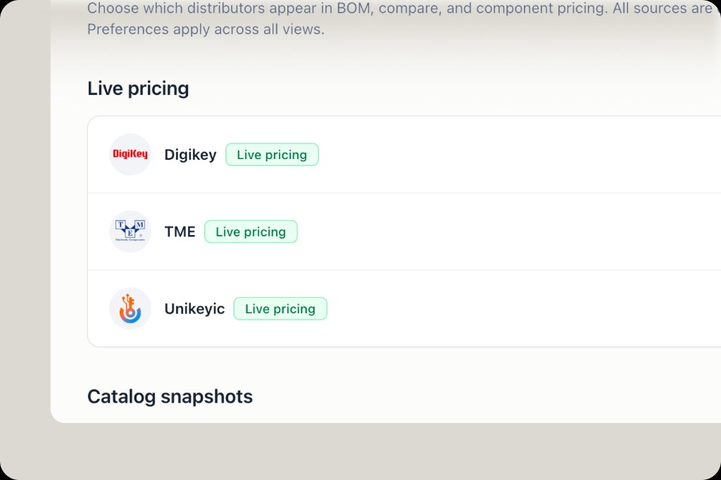 Distributors settings showing DigiKey, TME and Unikeyic all with live pricing enabled