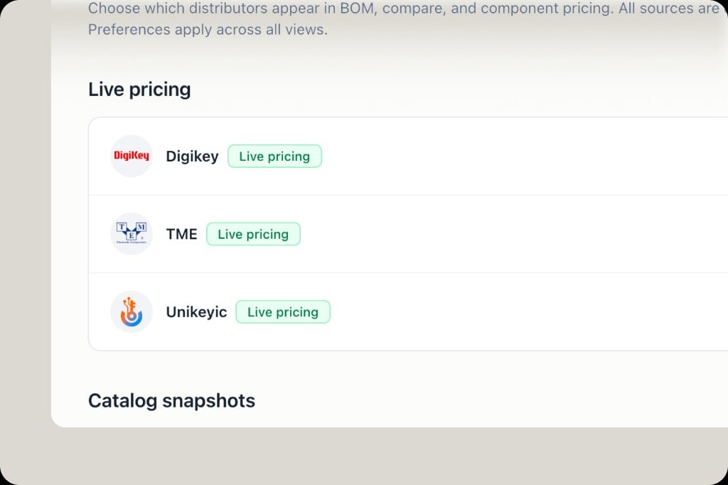 Distributors settings showing DigiKey, TME and Unikeyic all with live pricing enabled