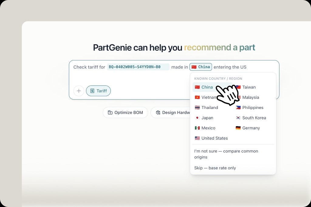 Tariff lookup homepage input with country of origin selector showing China, Taiwan, Vietnam and other major origins