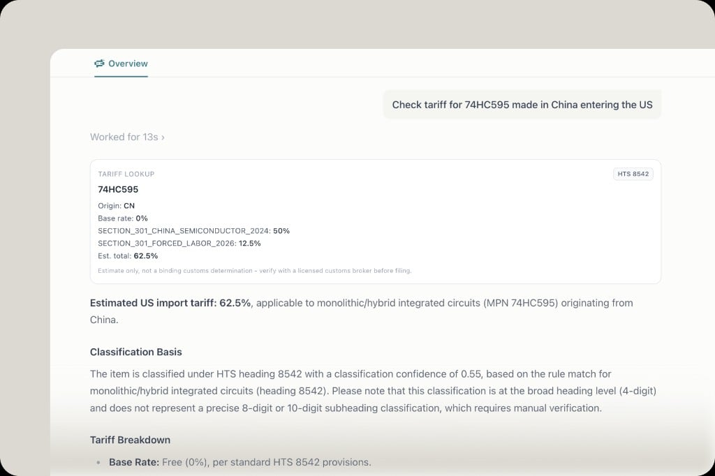 Tariff result for 74HC595 made in China: HTS 8542, base rate 0%, Section 301 China semiconductor 50%, forced labor surcharge 12.5%, estimated total 62.5%
