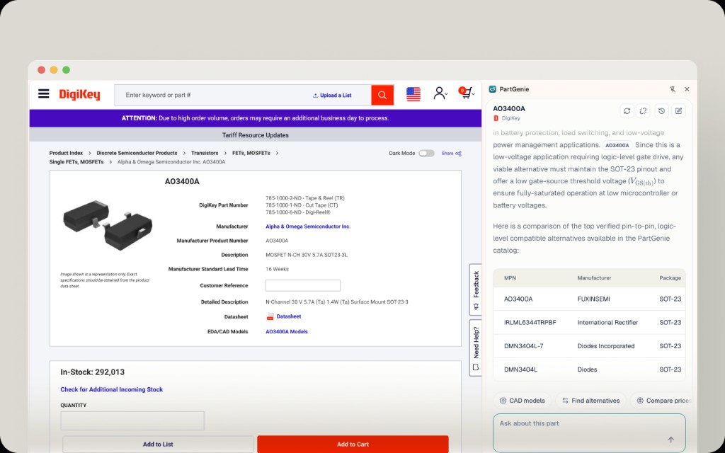 Chrome 扩展在 DigiKey 商品页：替代料表、CAD models、Find alternatives、Compare prices、Ask about this part
