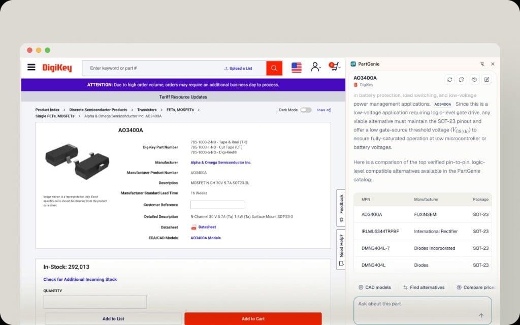 Chrome 扩展在 DigiKey 商品页:替代料表、CAD models、Find alternatives、Compare prices、Ask about this part