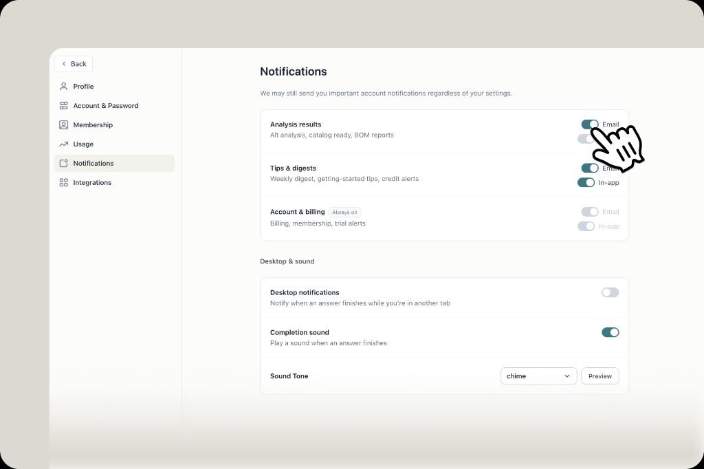 Notifications settings with email and in-app toggles plus completion sound and tone