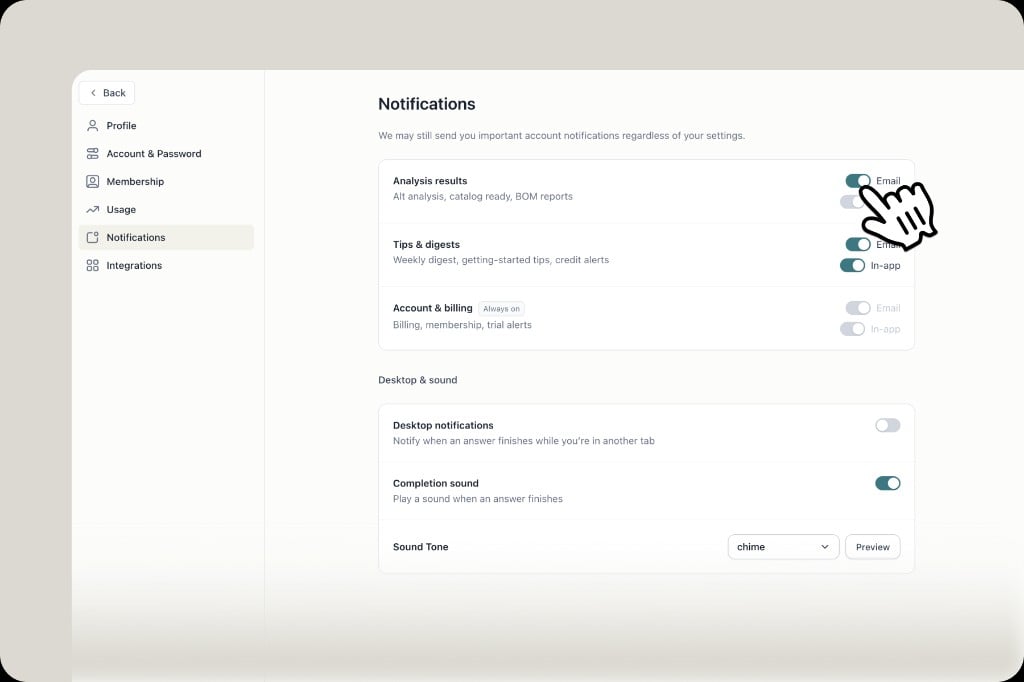 Notifications settings with email and in-app toggles plus completion sound and tone