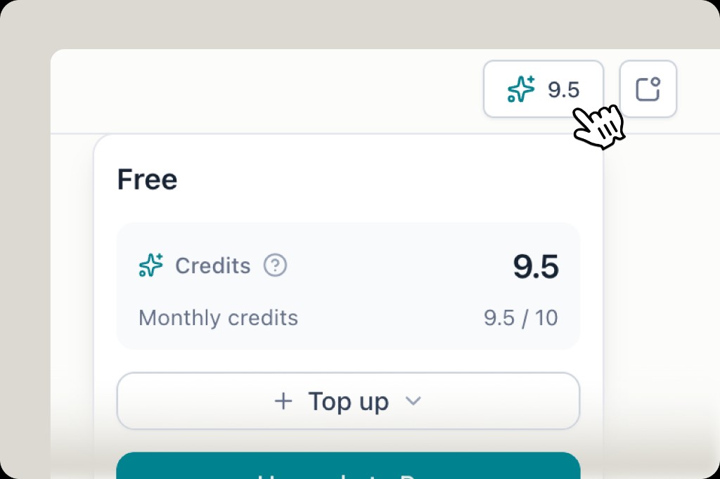 Credits panel showing 9.5 of 10 monthly credits remaining on the Free plan, with a Top up button