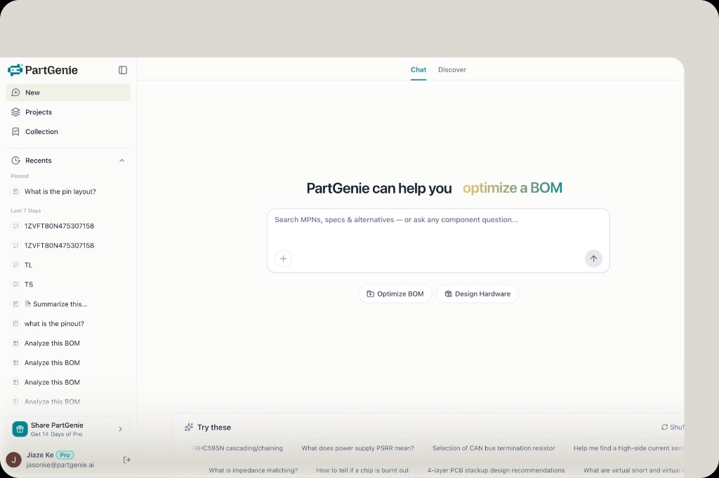 Homepage input with Optimize BOM and Design Hardware chips plus file upload