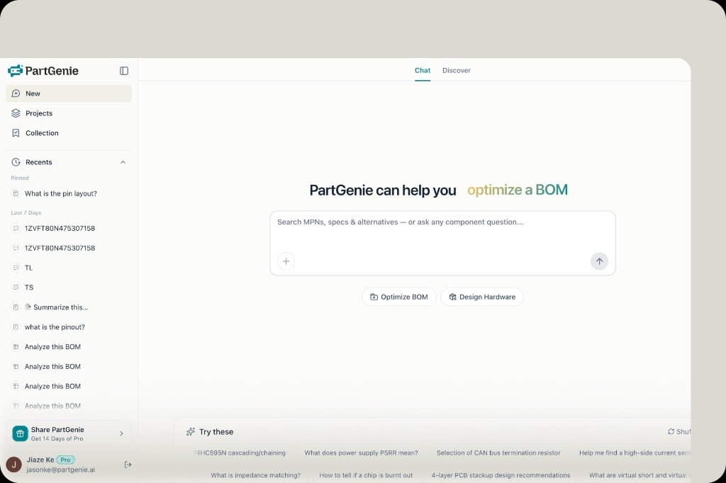Homepage input with Optimize BOM and Design Hardware chips plus file upload