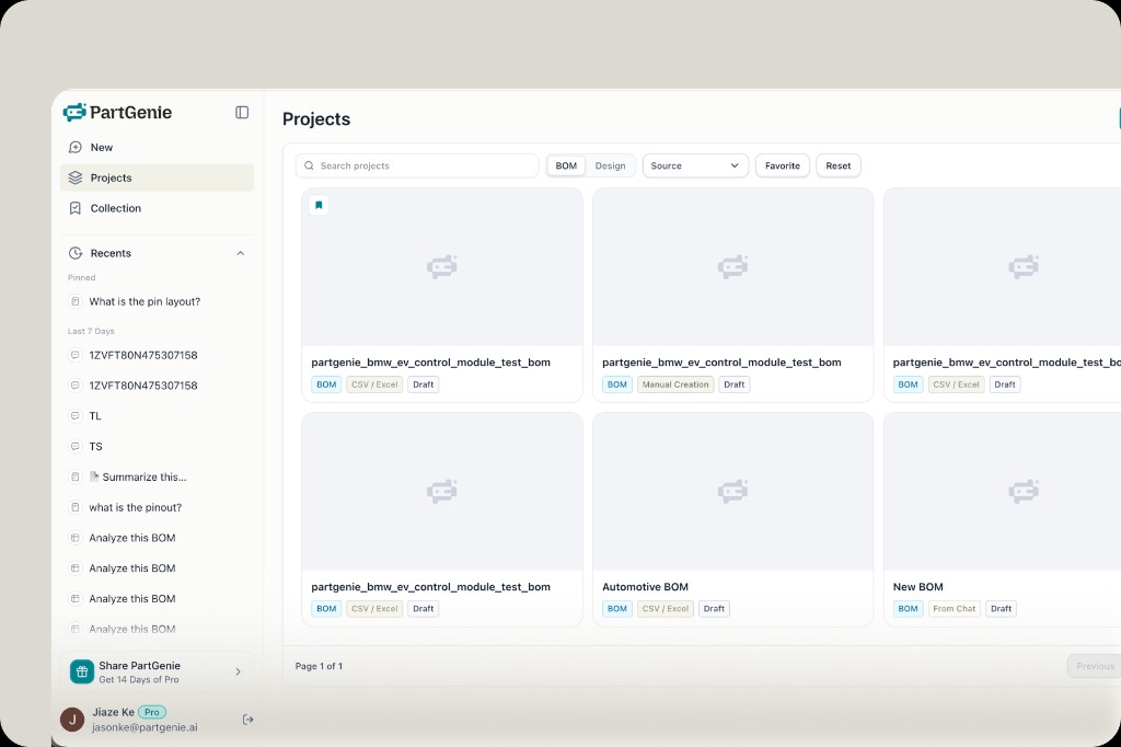 Projects dashboard with BOM and Design filters as a hardware project workspace
