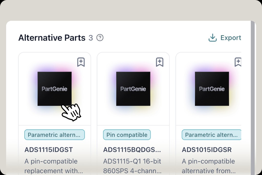Component detail page with application scenarios and alternative parts including pin-compatible and parametric options