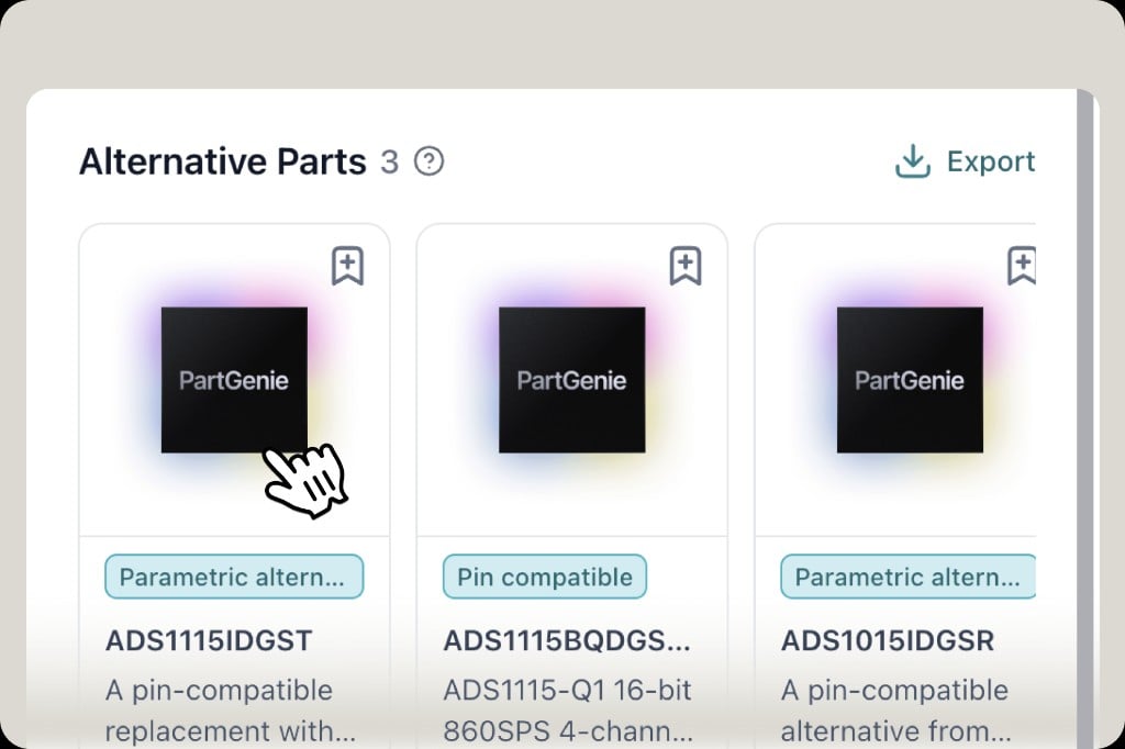 Component detail page with application scenarios and alternative parts including pin-compatible and parametric options