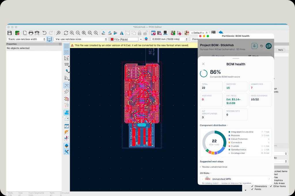 BOM health in KiCad plugin: 86% composite score, matched vs unmatched, est price, risks