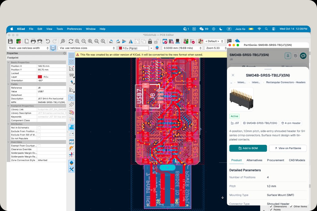 PartGenie KiCad plugin showing Product tab for SM04B-SRSS-TB: parameters, Add to BOM, View on PartGenie